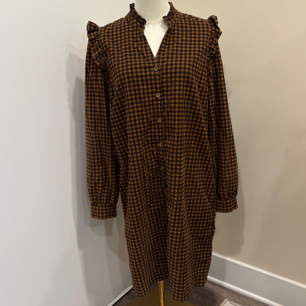 Garnet Hill Daphne Corduroy Dress Brown Check Plaid Gingham Ruffle Mock Neck M - Picture 2 of 11